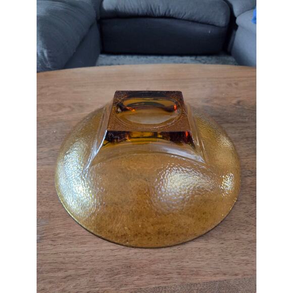Hazel Atlas Amber Textured Glass Bowl 11" Mid-Century Modern Square Base - Picture 6 of 8